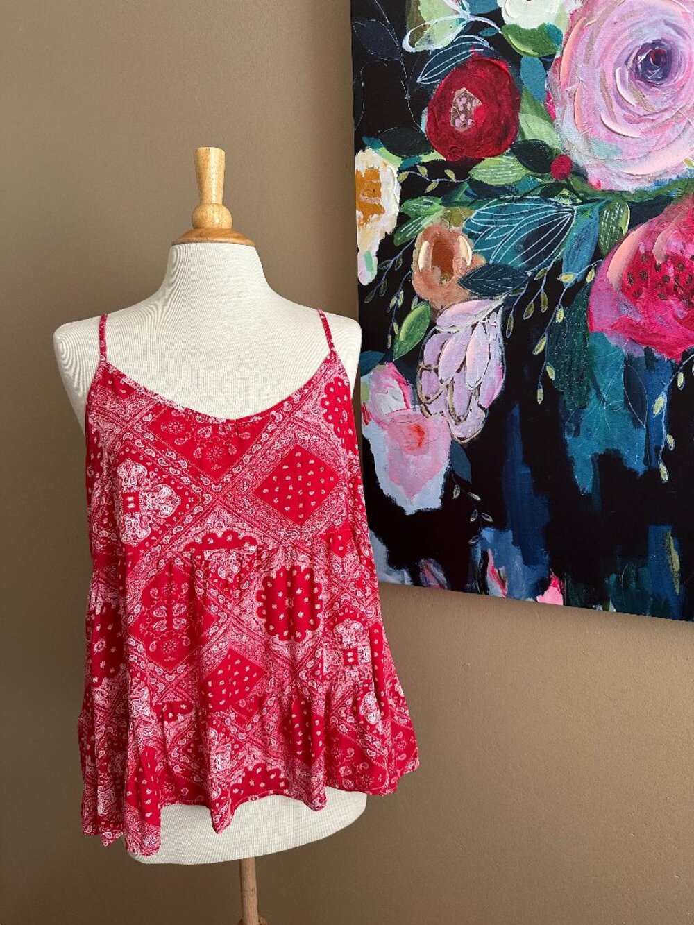 Cowgirl Hardware Red Bandana Print Babydoll Tank Top XL Boho Western